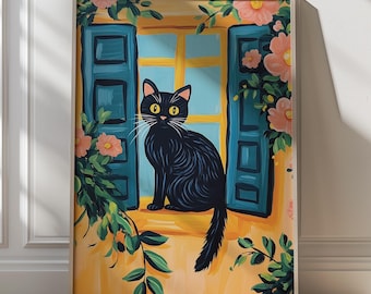 黒猫の花柄アートプリント、子猫のイラスト、女の子の部屋の装飾