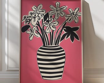 Bold Floral Vase Art Print Pink and Black Minimalist Wall Decor Modern Botanical Illustration  Monochrome Flowers Chic Home Aesthetic