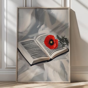 Minimalist Book and Poppy Art Literary-Inspired Wall Decor Modern Abstract Painting for Book Lovers Red Poppy Flower Contemporary Art Decor