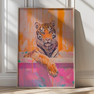 Tiger in a Bathtub Wall Art Print Colorful Animal Digital Download Vibrant Tiger Art Dopamine Decor Wall Art Trendy Decor Bathroom Wall Art