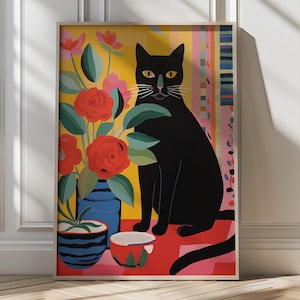 Cat Art Print Bold Floral Cat Art Colorful Black Cat Decor Colorful Maximalist Whimsical Cat Lovers Gift Modern Animal Art Cat Lover Gift