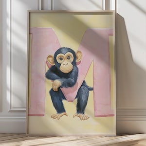 Lámina artística con alfabeto de mono, letra M, arte de pared para guardería, decoración de habitación de bebé con temática de jungla, letras del alfabeto para guardería para niños, guardería en colores pastel