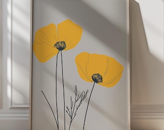 Minimalist Floral Wall Art Yellow Poppy Print Modern Botanical Decor Simple Flower Line Art Nature-Inspired Wall Poster Boho Wall Art