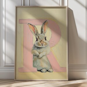 Arte do alfabeto de coelho, letra R, impressão de parede para berçário, decoração de animais fofos para quarto de crianças, arte de berçário de coelho, alfabeto para quarto de bebê, arte de berçário em tons pastel