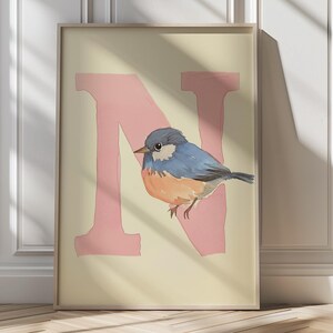 Impressão de arte do alfabeto rouxinol, letra N, arte de parede de animal para berçário, decoração de quarto de bebê com tema de pássaro, alfabeto, letras para berçário para crianças, berçário pastel