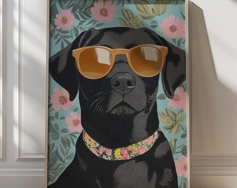 Black Lab Art Print Dog Wall Art Floral Decor Modern Pet Illustration Cool Dog Poster Animal Art Print Whimsical Gift Dogs Lover Gift Idea
