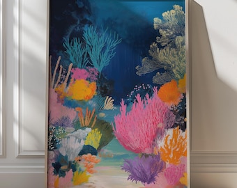 May include: A framed print of a colorful underwater scene with coral reefs in shades of pink, orange, yellow, blue, and purple against a dark blue background.