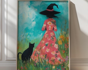Witch and Black Cat Print Colorful Witch Floral Witch Decor Halloween Wall Art Colorful Halloween Decor Cat Lover Gift Maximalist Halloween