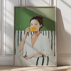 Woman Drinking Coffee Printable Minimalist Digital Download Green Aesthetic Art Print Japandi Art Scandi Decor Bar Cart Art Figurative Art