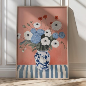 Impresión artística floral azul y blanca, pintura de hortensias y anémonas, jarrón a rayas, obra de arte floral botánico, idea de regalo para amantes de las flores