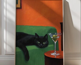 Black Cat with Martini Print Cute Quirky Whimsical Mid Century Modern Printable Cocktail Art Bar Cart Decor Cute Cat Painting Quirky Cat Art