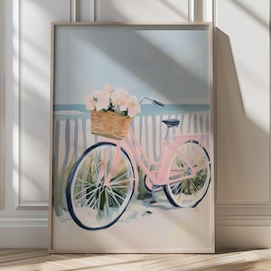 Beach Bike Wall Art Printable Coastal Decor Bicycle with Flowers Cottagecore Print Summer Home Decor Pastel Ocean Art Seascape Landscape