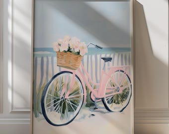 Strandfiets muurkunst afdrukbaar kustdecor fiets met bloemen Cottagecore-print zomerhuisdecoratie pastel oceaankunst zeegezicht landschap