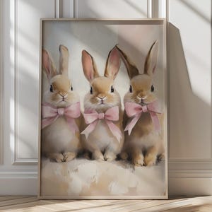 Trio of Rabbits with Pink Ribbon Easter Nursery Printable Spring Rabbit Art Cute Animal Artwork Kids Room Decor Cute Bunnies Nursery Bunny
