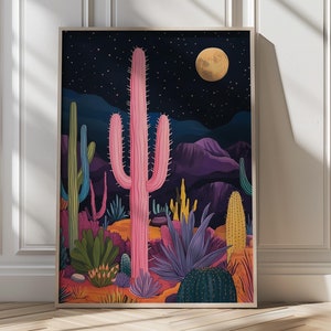 Colorful Desert Cactus Art Night Landscape Painting Desert Scene  Southwestern Wall Decor Desert Landscape Art Colorful Wall Art Printable