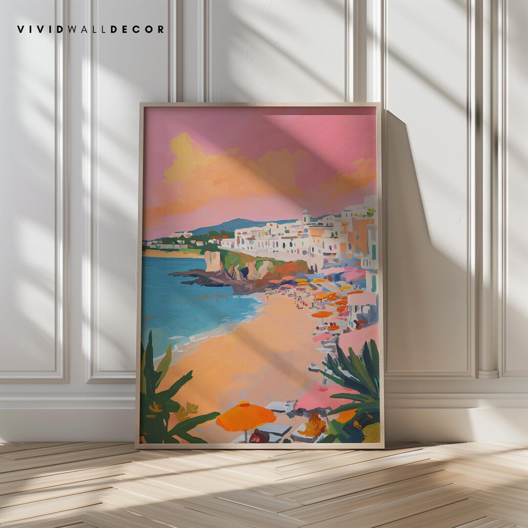 Colorful Mediterranean Beach Scene Coastal Wall Art Summer Seaside ...
