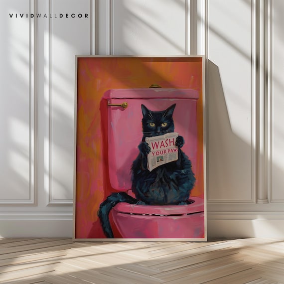 Wash Your Paws Funny Cat Art Black Cat Bathroom Decor Quirky Cat Painting Pink Toilet Humorous Cat Print Whimsical Cat Decor Cat Lover Gift