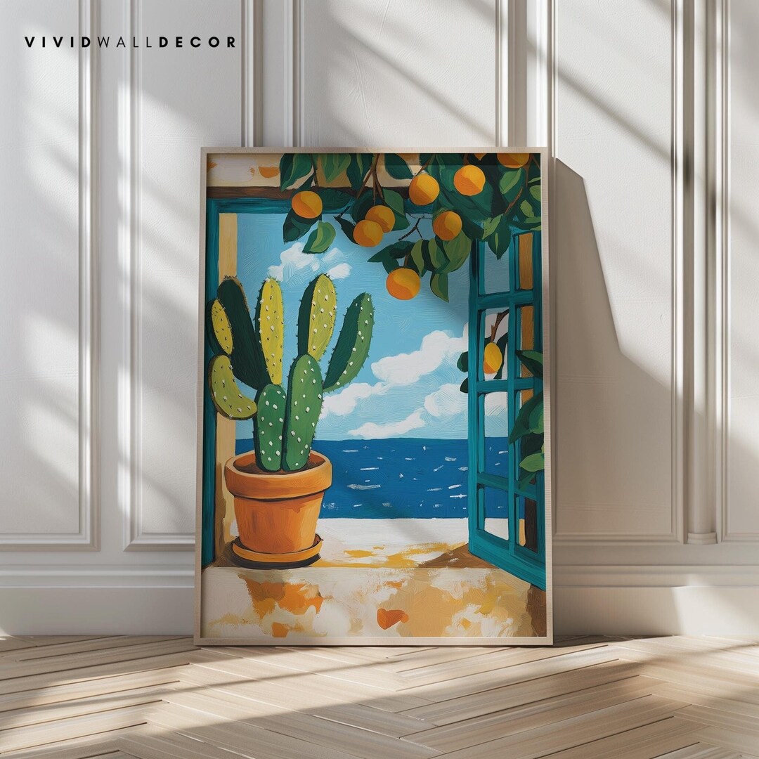 Mediterranean Cactus Coastal Art Print Blue Ocean View With Oranges ...