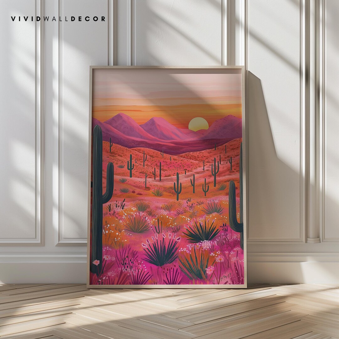 Desert Sunset Cactus Art Print Pink Orange Landscape Modern Southwest ...
