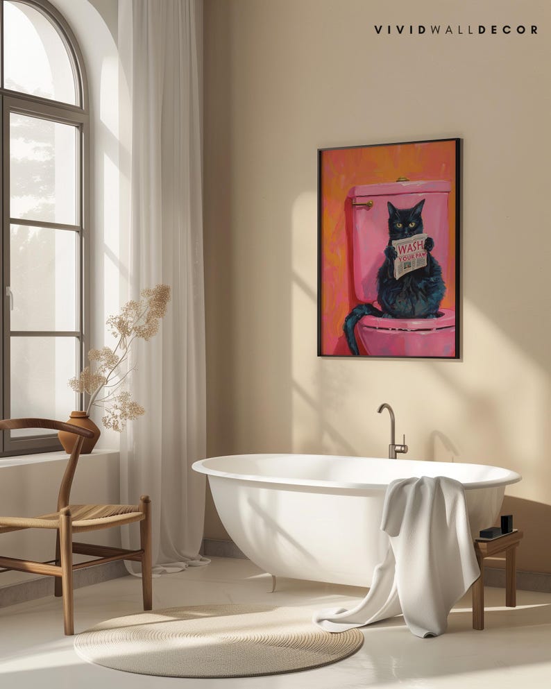 May include: A black cat sitting on a pink toilet with a newspaper that says "Wash Your Paws" in a bathroom setting with a white bathtub and a brown chair.