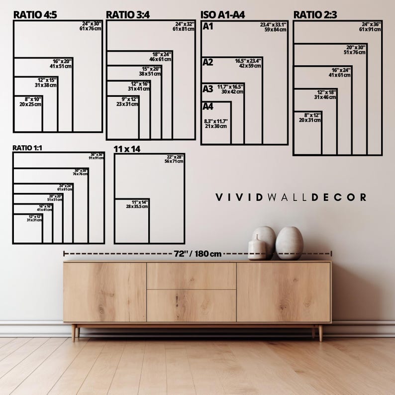 May include: A white wall with a black and white diagram showing different print sizes and ratios for wall art. The diagram includes the following ratios: 4:5, 3:4, 1:1, 11x14, and 2:3. The diagram also includes standard ISO paper sizes: A1, A2, A3, and A4. The diagram is labeled "VIVIDWALLDECOR".