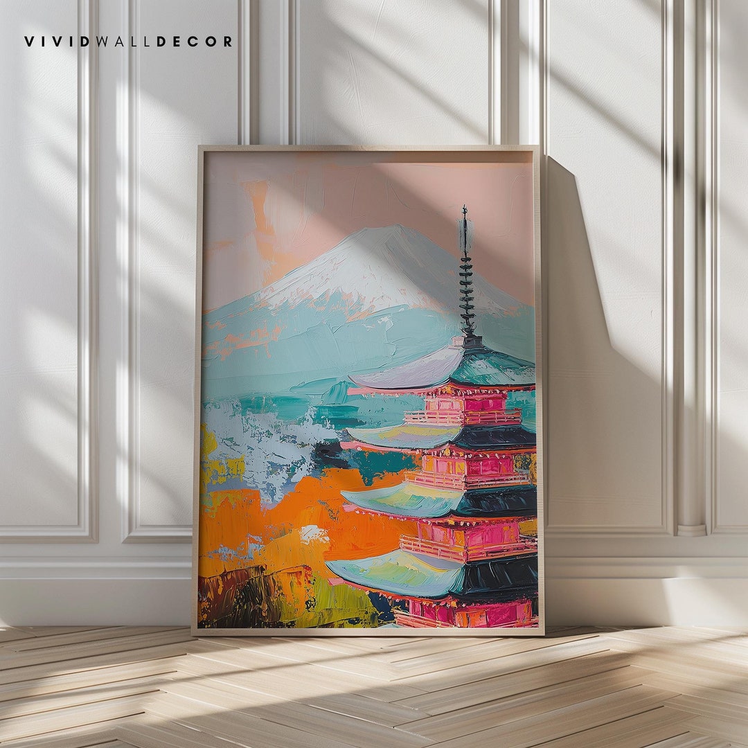 Mount Fuji Art Print Japanese Pagoda Landscape Colorful Mountain Decor ...