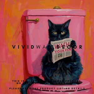 May include: A black cat sitting on a pink toilet with a newspaper that reads "Wash Your Paws" in front of it. The background is a bright orange color.