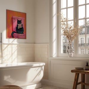 May include: A black cat sitting on a pink toilet with a sign that says "Wash Your Paws" in a bathroom with white tile and a window with a view of a city.
