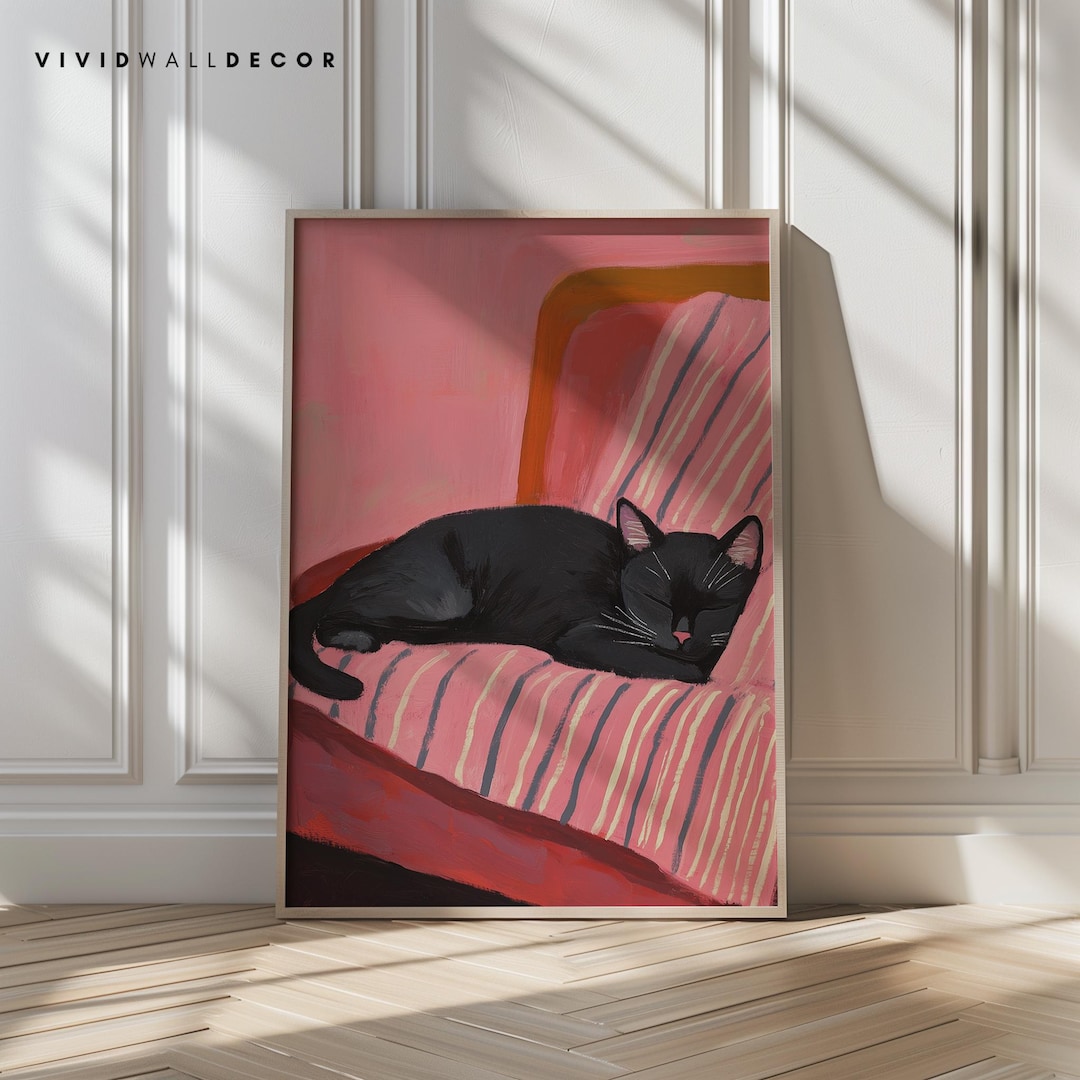 Black Cat Art Printable Cute Cat Art Whimsical Cat Pink Wall Decor ...