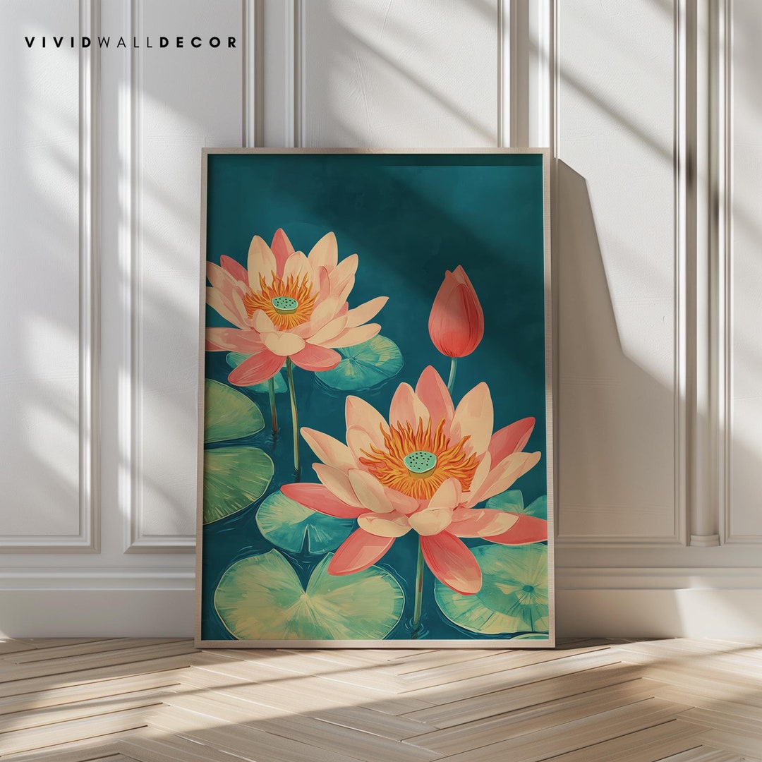 Lotus Wall Art Print Water Lily Painting Floral Botanical Decor Digital ...