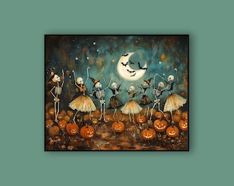 Skeleton Party in Spooky Pumpkin Field Halloween Wall Art Printable Wall Art Whimsical Ghost Art Halloween Window Art Digital Halloween Art