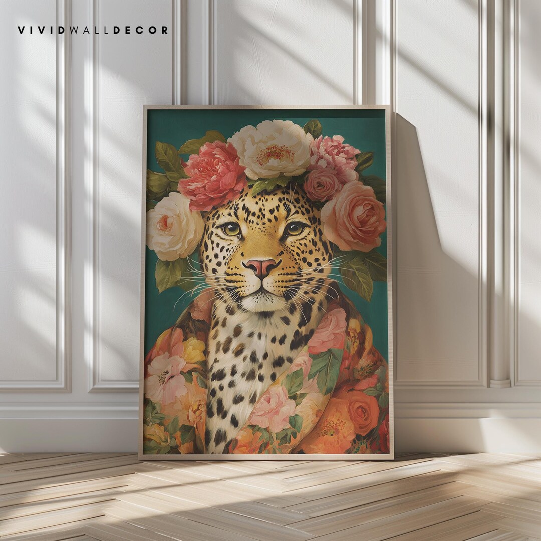 Leopard Art Print Floral Crown Leopard Whimsical Animal Wall Art ...