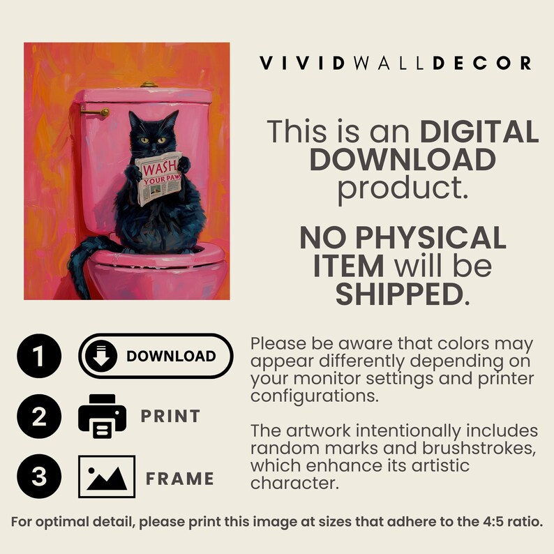 May include: A black cat sitting on a pink toilet with a newspaper that reads "Wash Your Paw" in front of it. The background is a bright orange color.