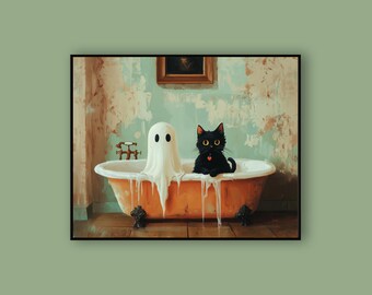 Whimsical Black Cat & Ghost in Bathtub Print Halloween Wall Decor Cute Spooky Painting Unique Bathroom Art Cat Lover Gift Halloween Print