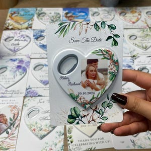 Save The Date Bottle Opener – Personalized Photo Heart Magnet Wedding Favor – Custom Engagement or Invitation Gift