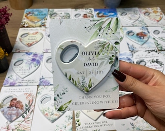 Bottle opener Wedding favors for guests in bulk, heart shape Wedding Magnet, Save the date magnets, personalised wedding favours