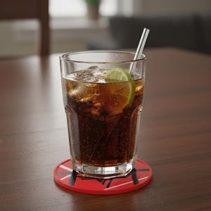 May include: A tall glass of cola with ice, a lime wedge, and a straw, resting on a red coaster with a black and white design. The drink sits on a dark wooden table, with a blurred background.