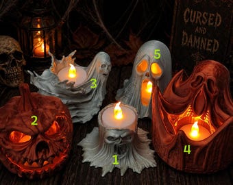 Cursed LED Tealight Holder Set w/ FREE LED Candle – Halloween Decor, Gothic Candle Covers, Pumpkin, Phantom, Spooky Lighting
