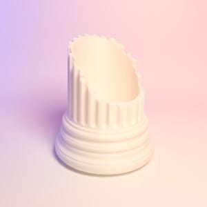 May include: A white cylindrical holder featuring a fluted column design with a stepped base and a jagged, uneven top edge. The object has a matte finish and a hollow center, resembling a broken piece of classical architecture or a pillar.