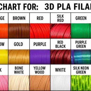 May include: A color swatch chart for 3D PLA filament featuring a grid of 27 distinct color samples. Each square displays a specific filament color with its corresponding name printed above, including black, silver black, orange, brown, red, silk red, green, marble, grey, ash grey, silk blue, blue, yellow, gold, purple, red black, purple green, teal, silver, silk orange, navy blue, red blue, pink, bone white, yellow wood, white, silk neon green, and light green.