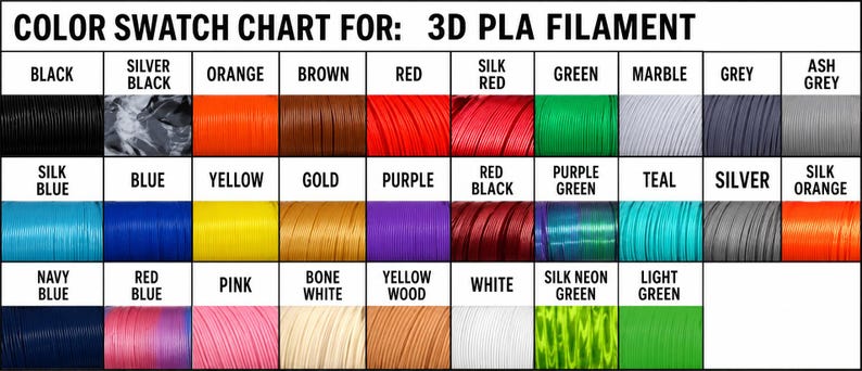 May include: A color swatch chart for 3D PLA filament featuring a grid of 27 distinct color samples. Each square displays a specific filament color with its corresponding name printed above, including black, silver black, orange, brown, red, silk red, green, marble, grey, ash grey, silk blue, blue, yellow, gold, purple, red black, purple green, teal, silver, silk orange, navy blue, red blue, pink, bone white, yellow wood, white, silk neon green, and light green.