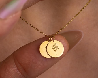 14K Gold Personalized Birth Flower Necklace, Engraved Layered Disc Coins, Custom Birth Month Round Tag Charms, Birthday Gifts for Her