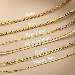 Op de afbeelding: Een selectie van goudkleurige kettingen, elk met een unieke kettingstijl. De afbeelding toont zes verschillende kettingontwerpen: Rolo, Box, Paperlink, Herringbone, Figaro en Dainty Box. De namen van elke kettingstijl worden in witte tekst weergegeven.