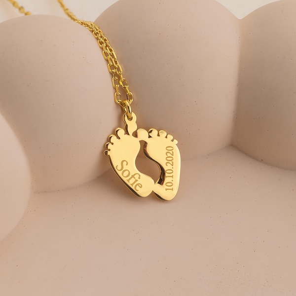 14K Gold Personalized Baby Feet Necklace – Custom Name and Date Engraved Pendant, Dainty Footprint Charm, New Mom Baby Shower Gift
