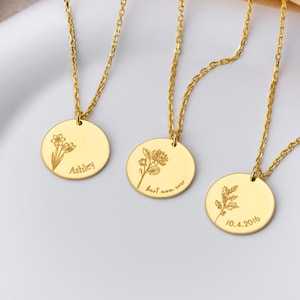 14K Gold Birth Flower Necklace: Personalized Sterling Silver Disc Pendant