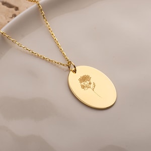 Personalized Birth Flower Necklace: 14k Gold Plated Sterling Silver Oval Pendant
