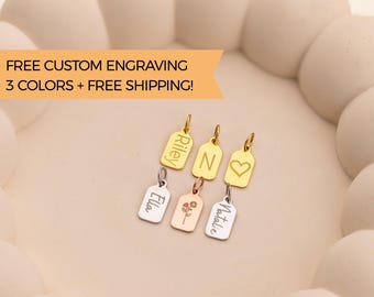 Tiny 14K Gold Tag Charms, Personalized Name or Initial Pendant, Custom Engraved Mini Bar Add-On, Dainty Letter Jewelry, Charm Only