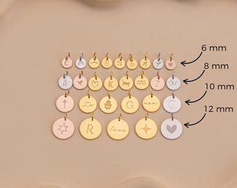 Personalized 14K Solid Gold Initial Disc Charm, Handmade Custom Add-On Pendant with No Chain, Tiny Disk Engraved Coin Tag Gifts for Women