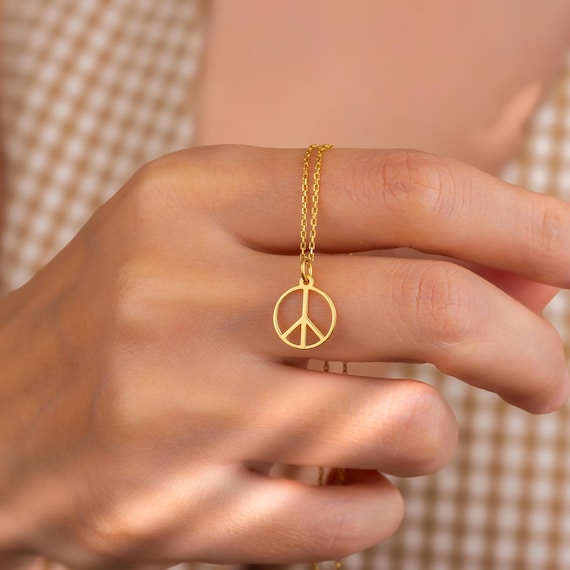 14K Gold Peace Sign Necklace: Dainty Boho Charm Pendant, 14K Gold Peace Sign Necklace, Minimalist Peace Symbol Pendant, Hippie Necklace