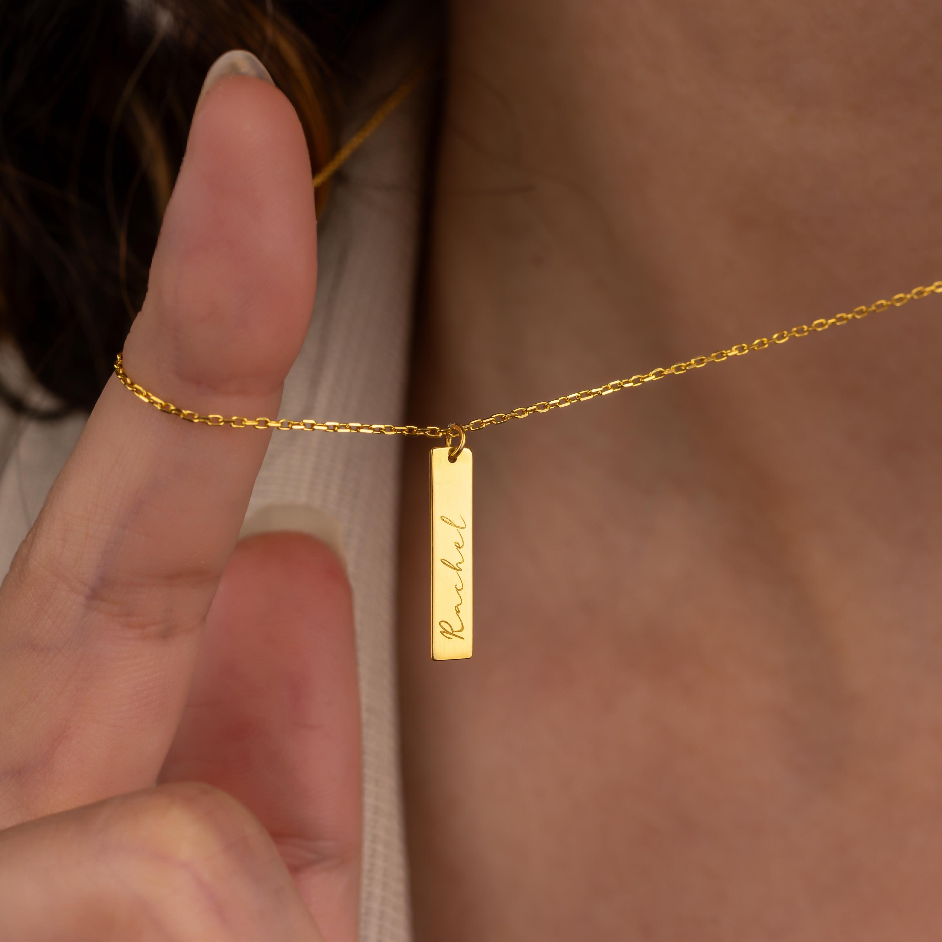 Personalized Vertical Bar Necklace: 14k Gold Plated Sterling Silver, Custom Engraved